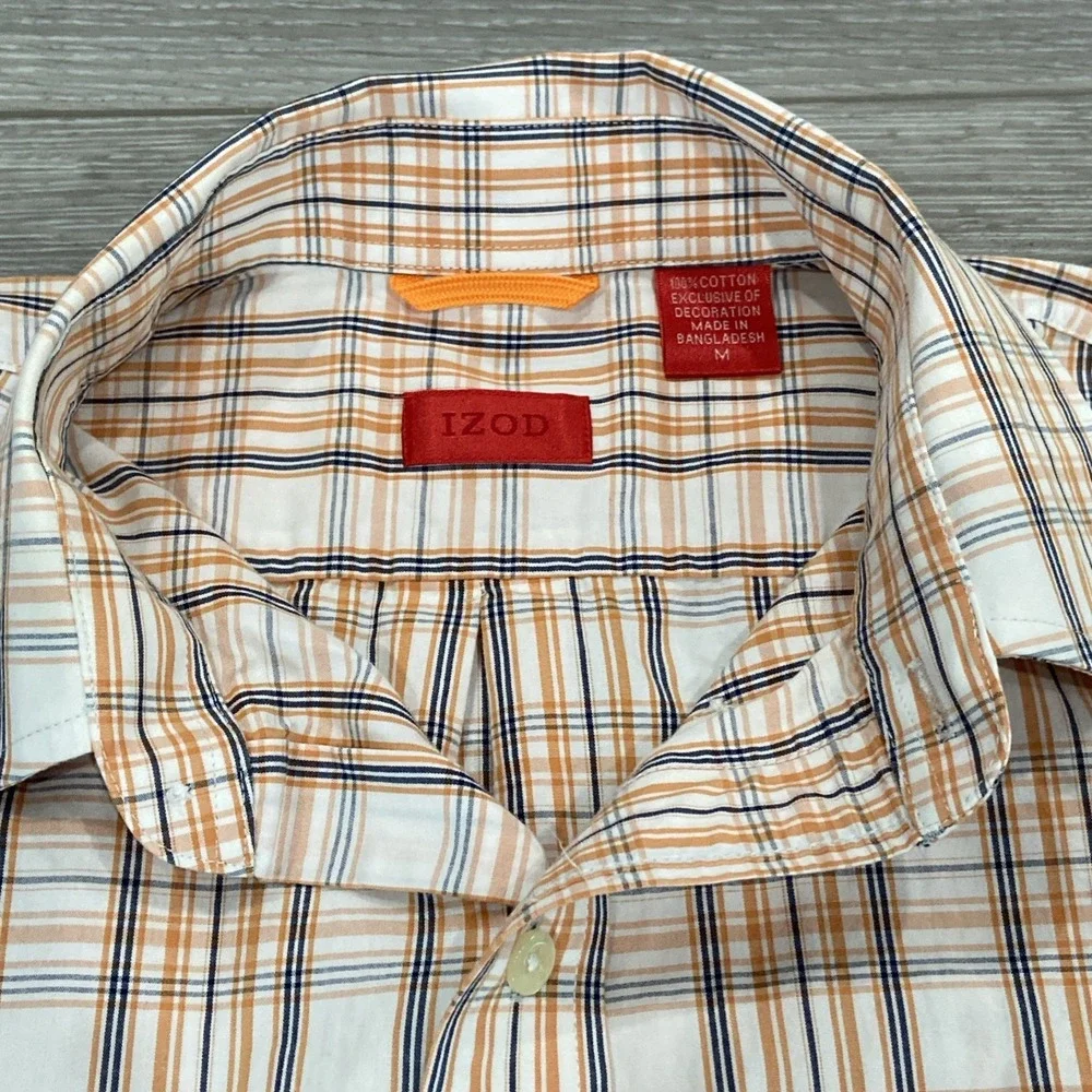IZOD Short Sleeve Button-Down Shirt‎ Mens Size M Plaid Orange Navy White Logo